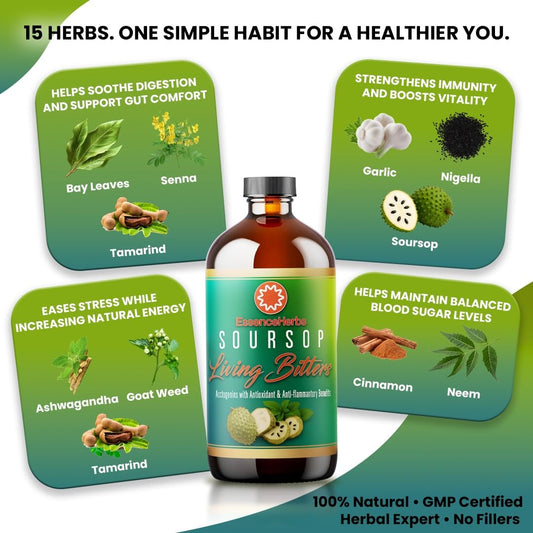 Essence Herbs Soursop Bitters bottle side highlights gut balance potential.