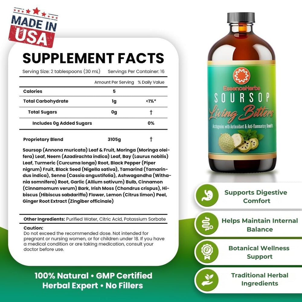 Essence Herbs Soursop Bitters label detail emphasizes herbal ingredients.