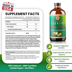 Essence Herbs Soursop Bitters label detail emphasizes herbal ingredients.