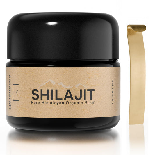 Essencraft Himalayan Shilajit Resin jar with UV protection signaling purity and freshness.