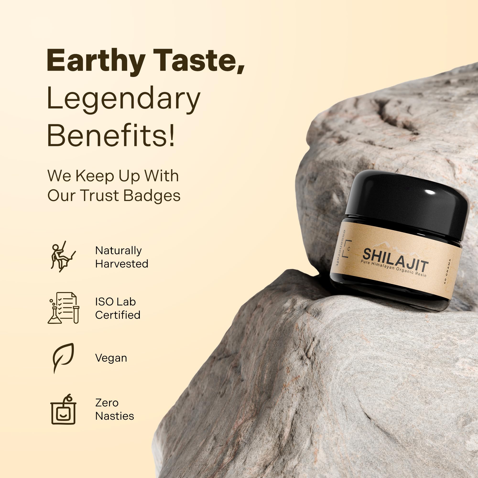Essencraft Shilajit Resin lab-testing badge communicates quality and safety.
