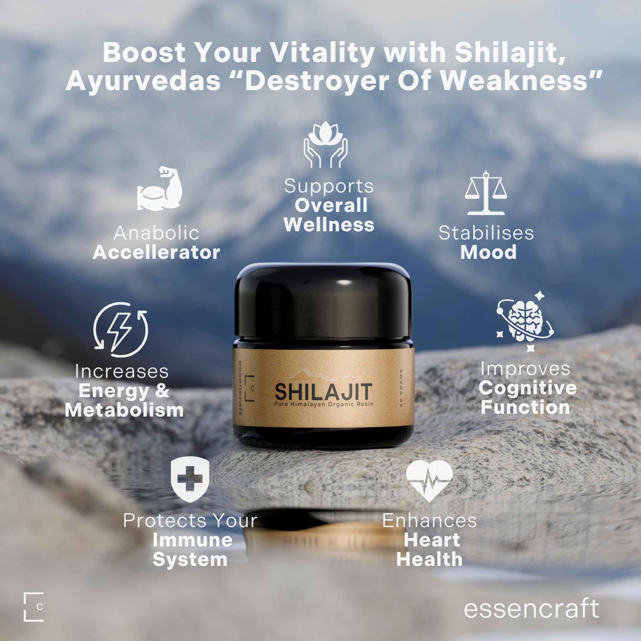 Essencraft Shilajit Resin Ladakh origin badge emphasizes authentic mineral blend.