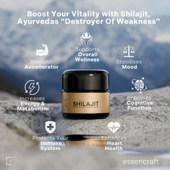 Essencraft Shilajit Resin Ladakh origin badge emphasizes authentic mineral blend.