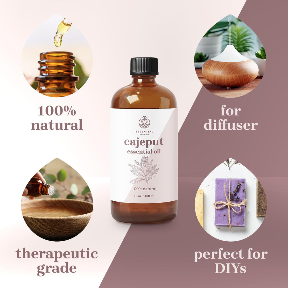 Essential Delights Cajeput oil amber glass packaging protects potency and freshness.
