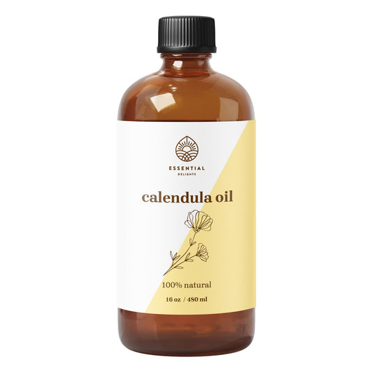 Essential Delights Calendula Oil bottle showcasing premium hydration for skin.