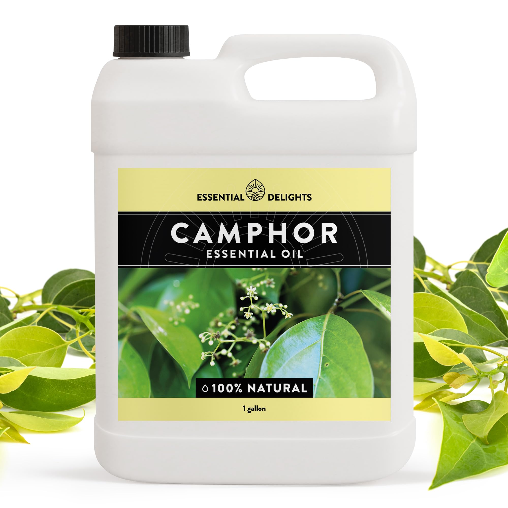 Essential Delights camphor oil 128oz packaging designed for bulk formulations.