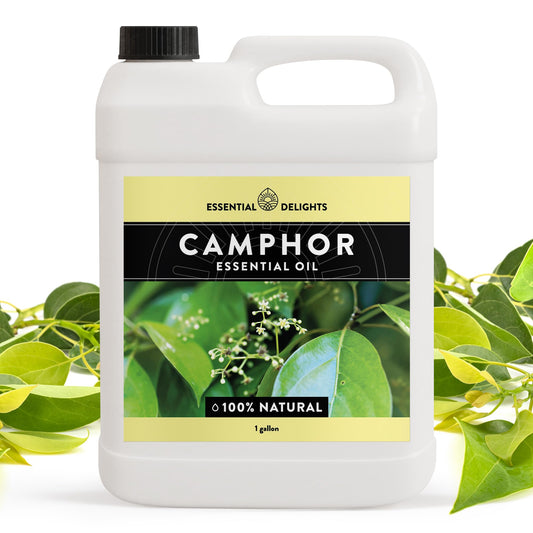 Essential Delights camphor oil 128oz packaging designed for bulk formulations.