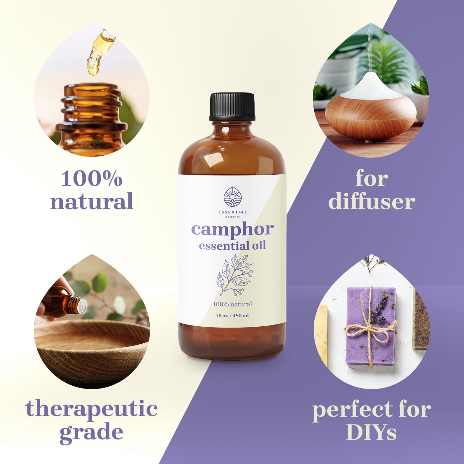 Label close-up of Essential Delights camphor oil for soaps and candles
