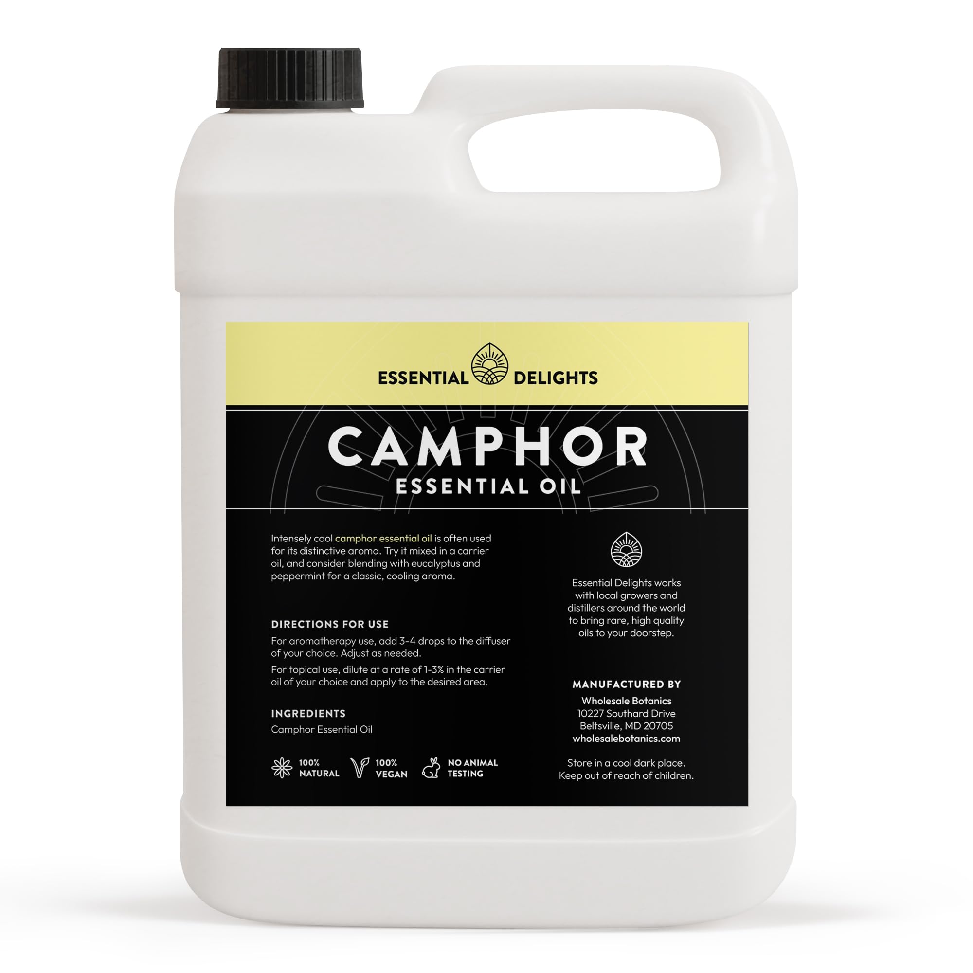 Essential Delights camphor oil used in topical blends for cooling massage.