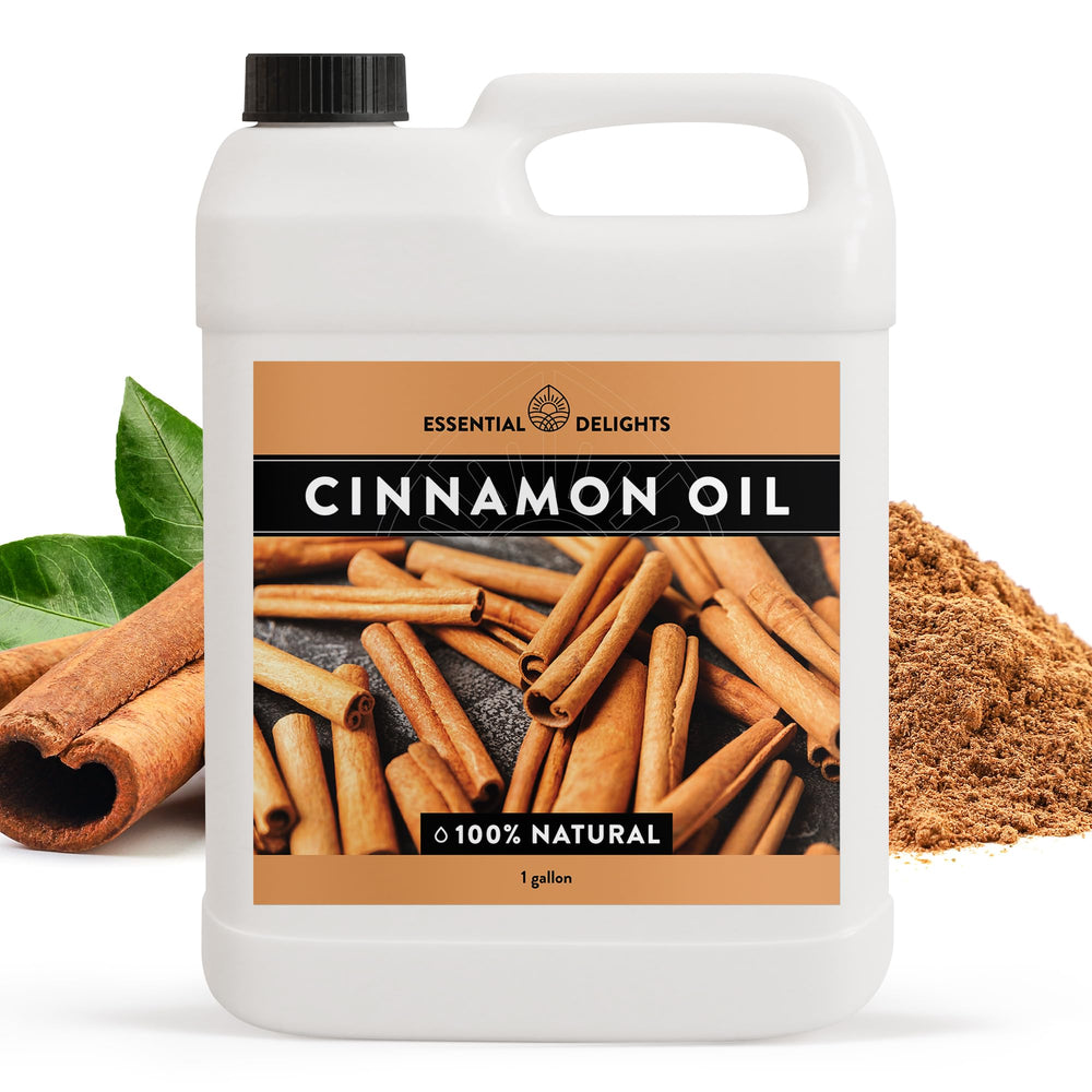 Essential Delights Cinnamon Essential Oil bottle for calming aromatherapy and warm fragrance.