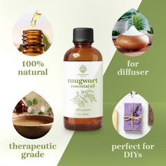 Essential Delights Mugwort Oil label closeup highlighting purity and premium grade.