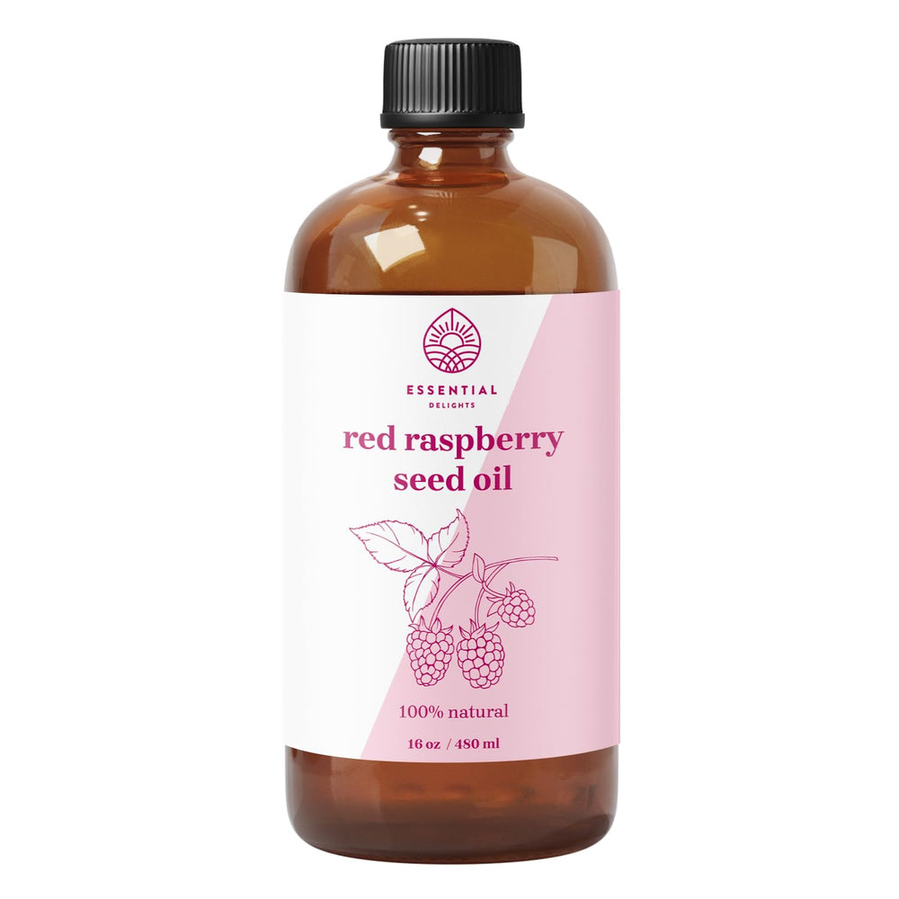 Essential Delights Red Raspberry Seed Oil bottle ready for skin hydration.