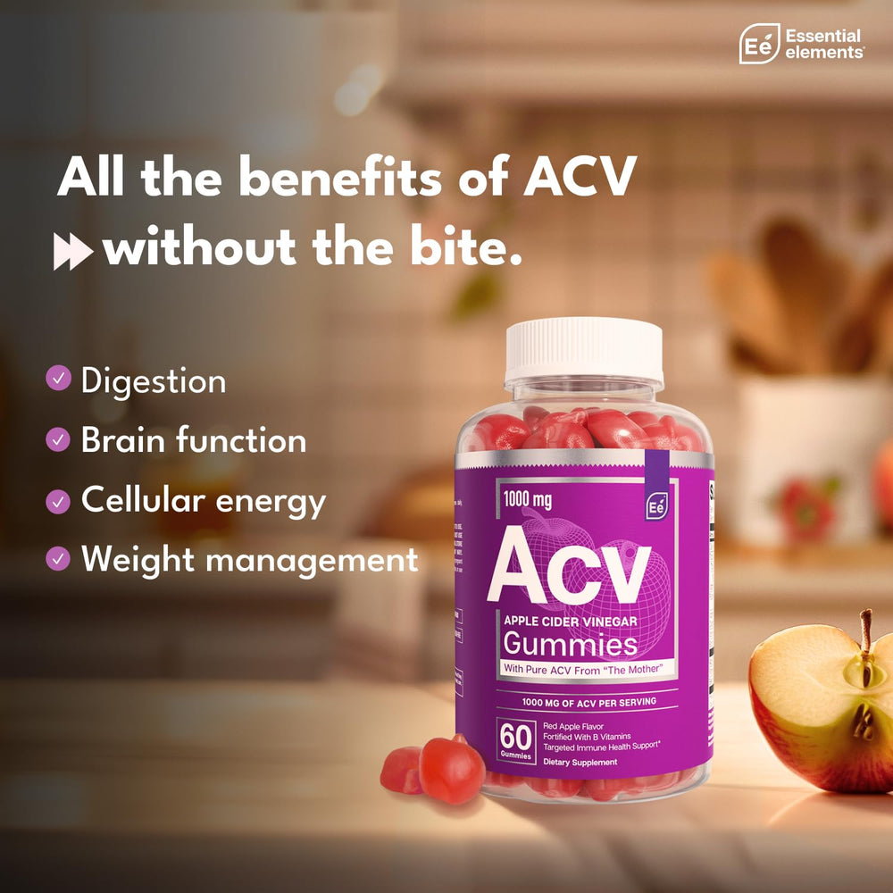 Essential Elements ACV Gummies with B vitamins, immune-supporting nutrients.
