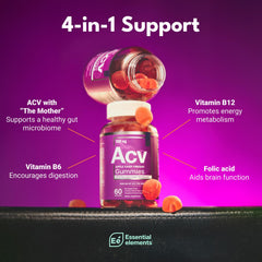 Essential Elements ACV Gummies red apple flavor closeup for tasty daily use.