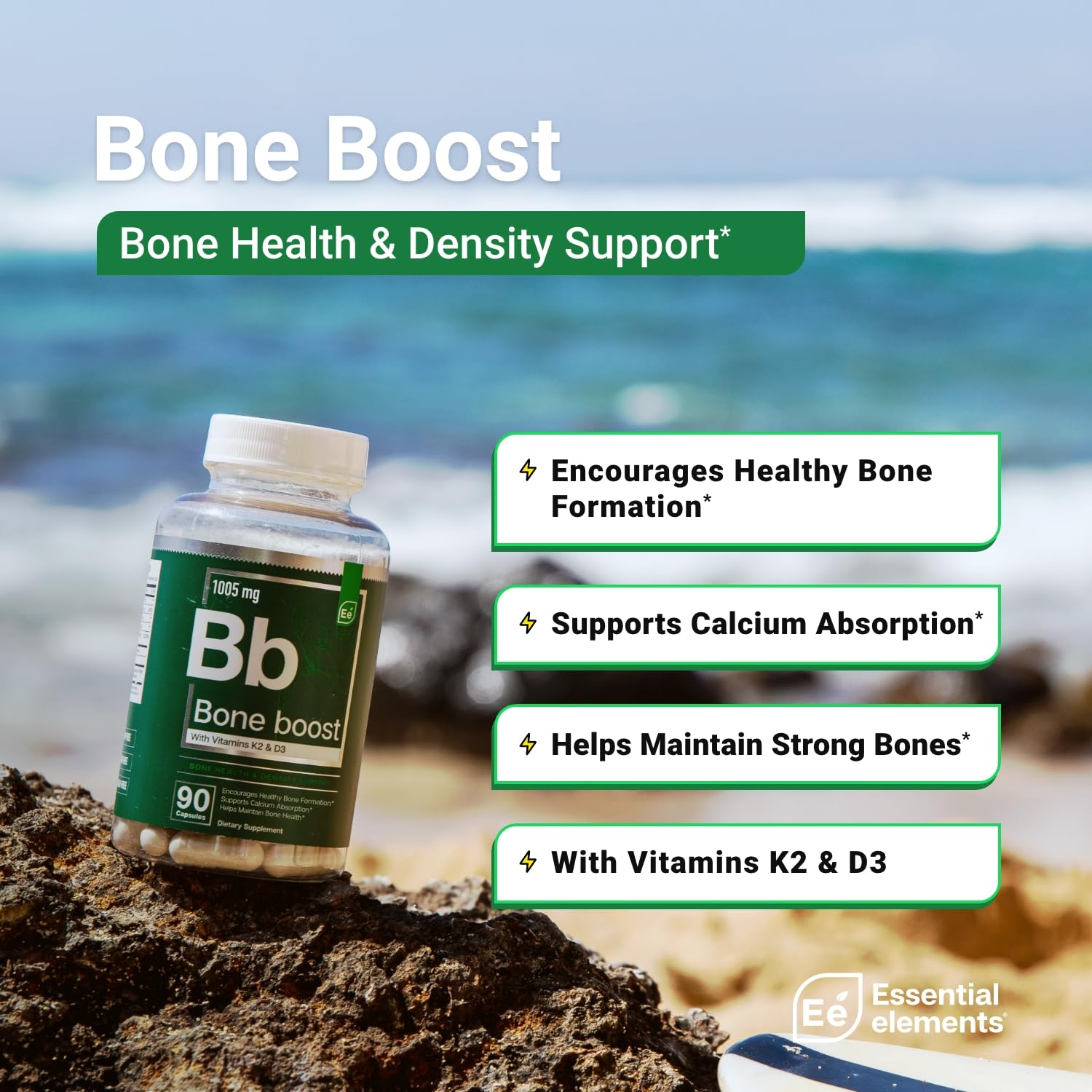 Close-up of Essential Elements Bone Boost capsules showing easy-to-take tablets.