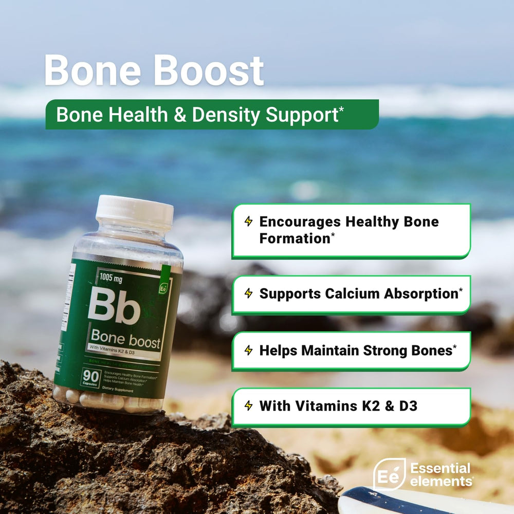 Close-up of Essential Elements Bone Boost capsules showing easy-to-take tablets.