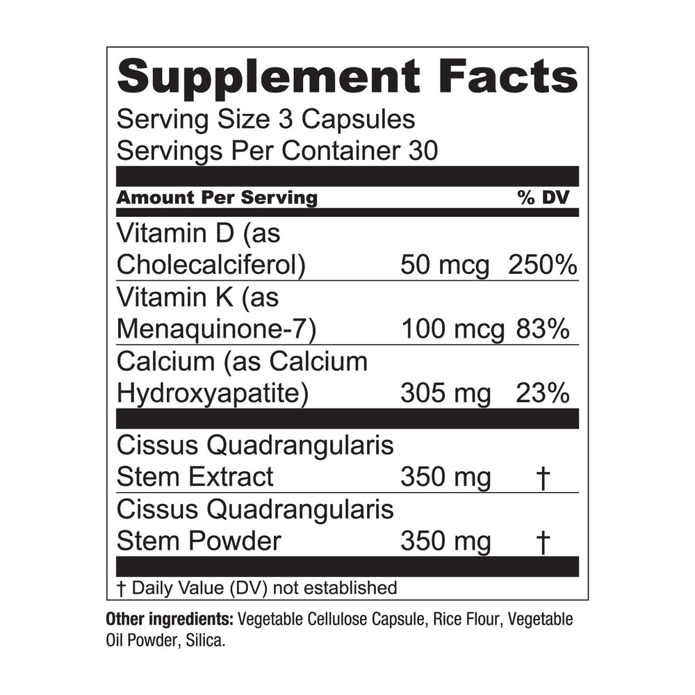 Essential Elements Bone Boost features vitamins D3 and K2 with Cissus Quadrangularis for bone vitality.