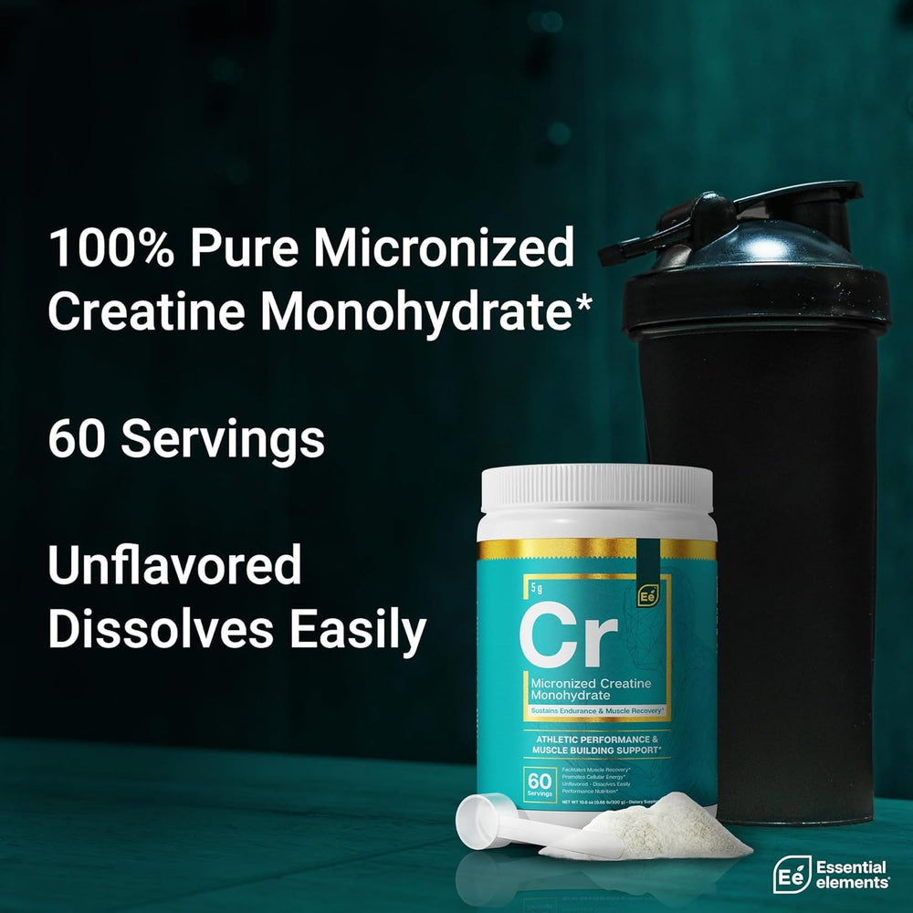 Essential Elements creatine monohydrate jar front shows premium, USA-manufactured quality.