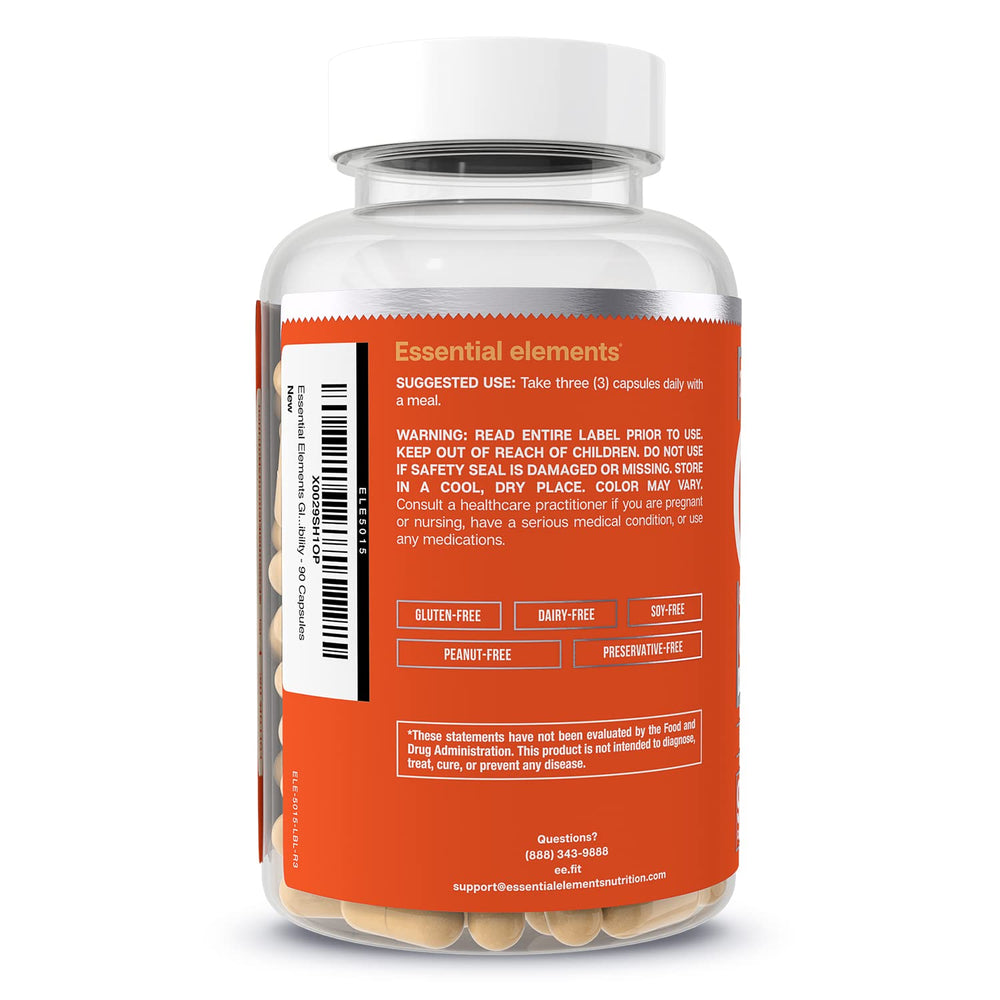 Essential Elements label closeup highlights key ingredients for mobility support.