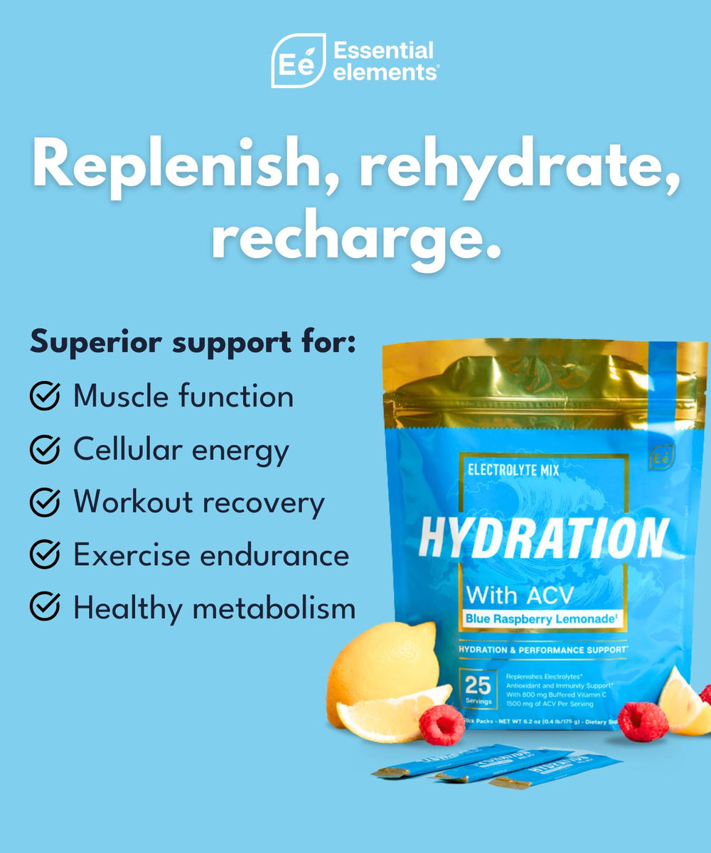 Essential Elements Hydration Packets blue raspberry front packaging highlighting sugar-free electrolyte benefits.