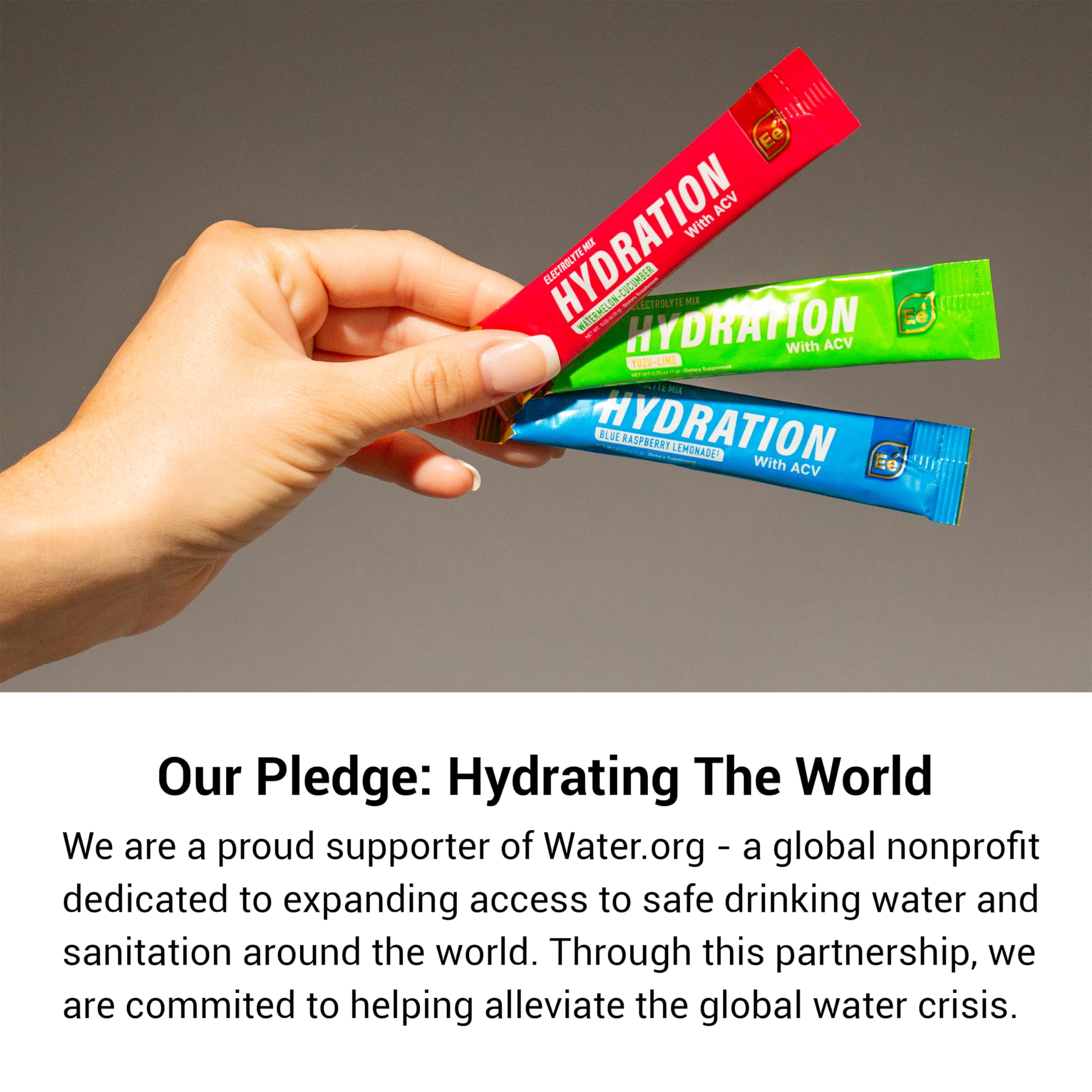 Essential Elements Hydration Packets being stirred into water for quick hydration