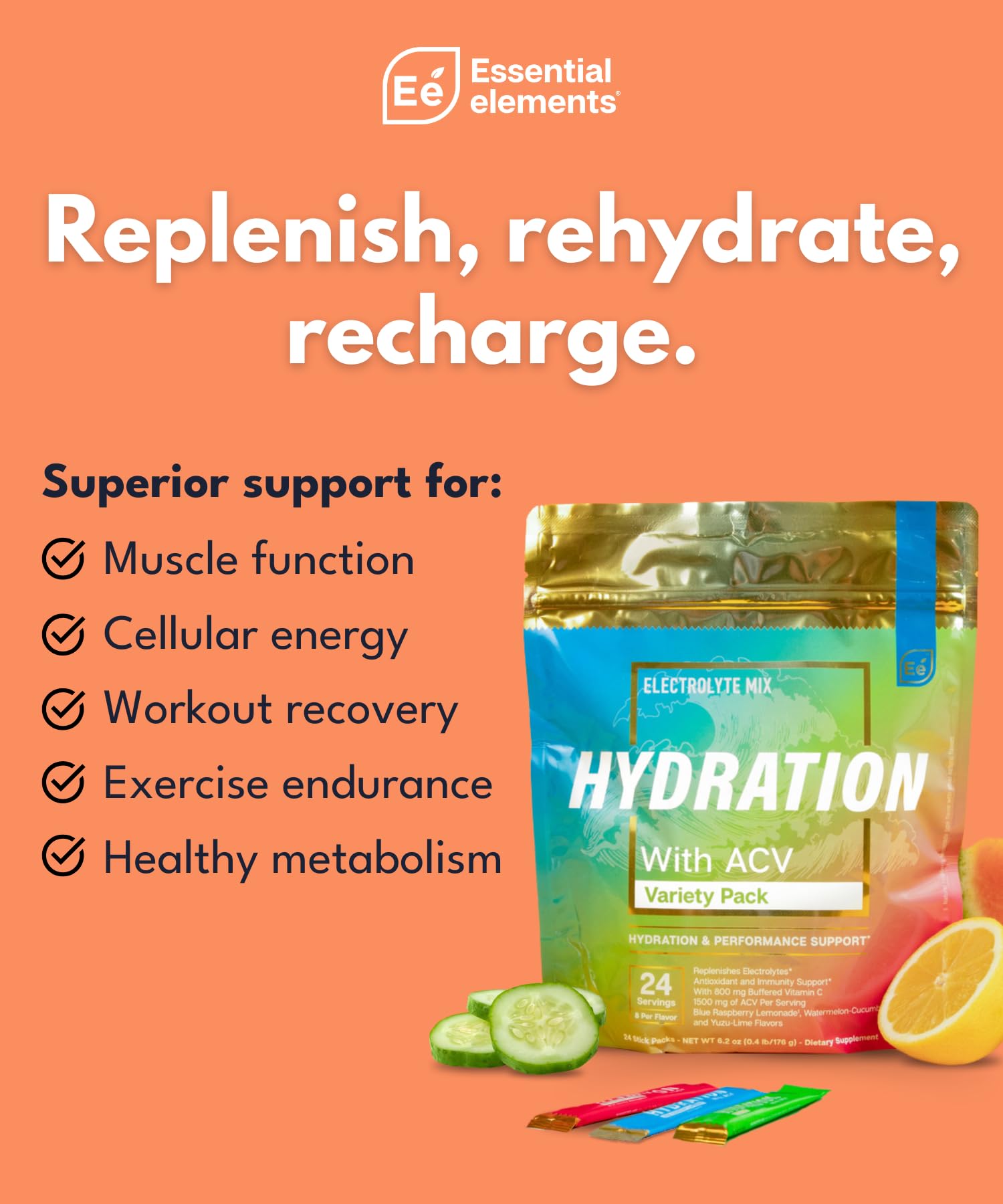 Essential Elements Hydration Packets Watermelon-Cucumber flavor refreshing hydration