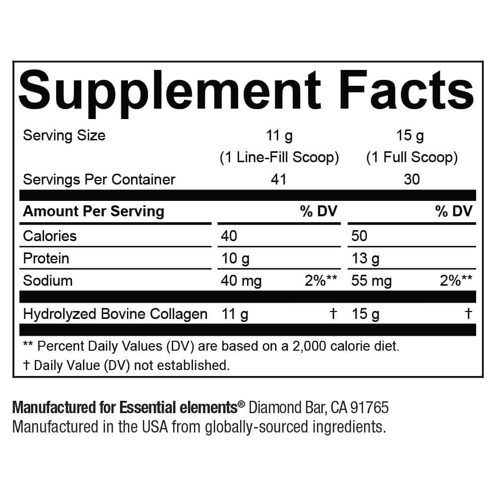 Grass-fed sourcing badge on Essential Elements collagen powder packaging.