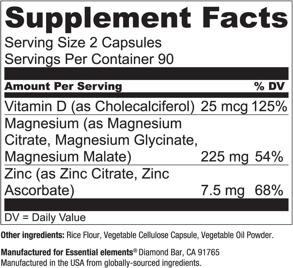 Essential Elements Magnesium Plus Zinc packaging inner view emphasizing value and quality