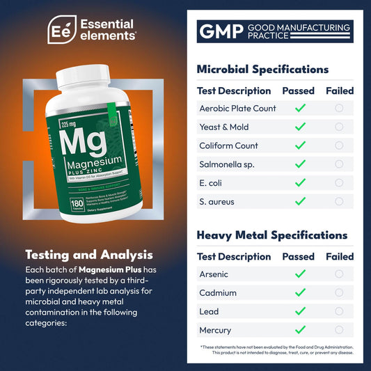 Essential Elements bottle back highlights zinc and vitamin D3 for immune readiness