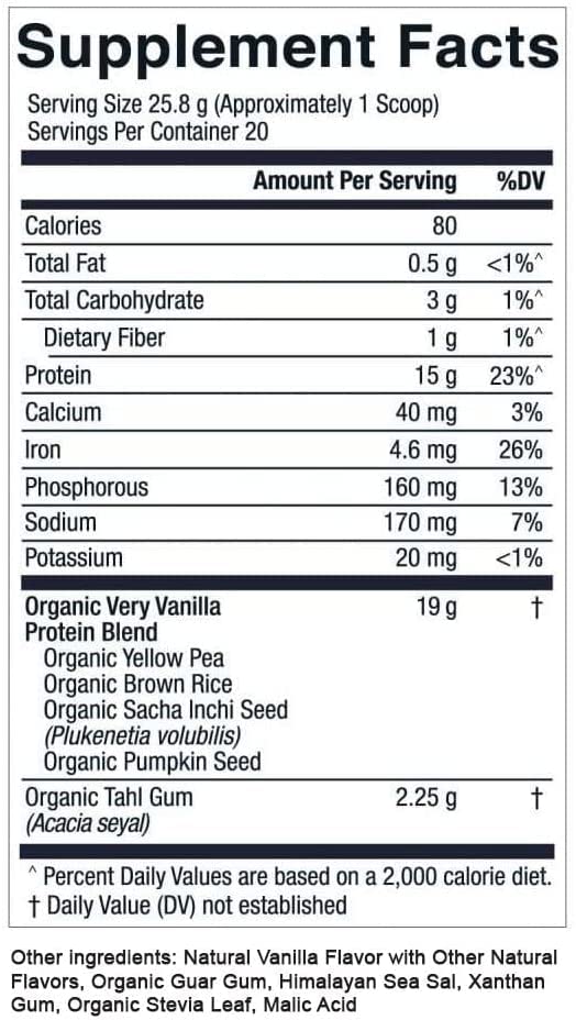 Gluten-free label on the Essential Elements pea protein powder, dairy-free and suitable for sensitive diets.