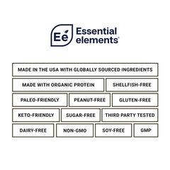 USA-made assurance badge on Essential Elements pea protein powder package.