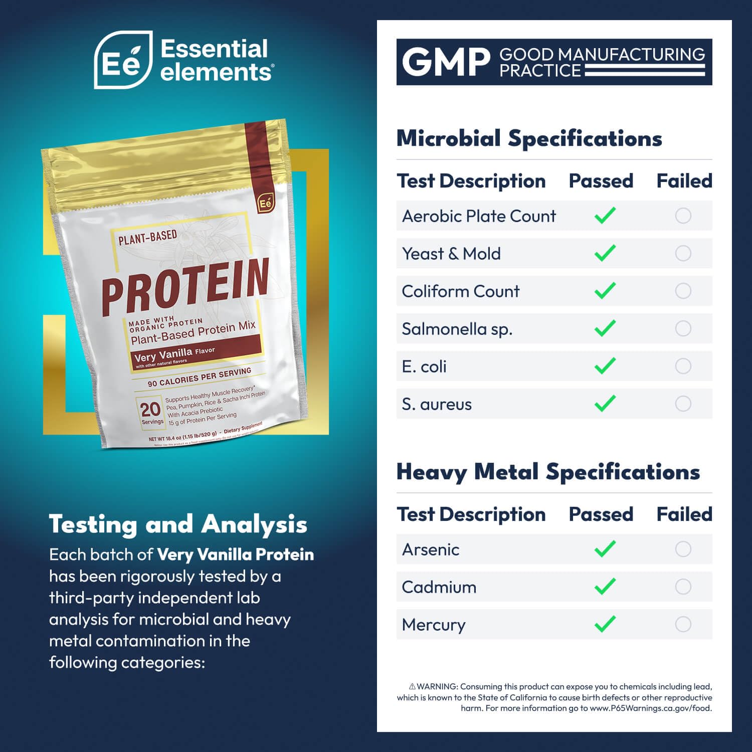 Measuring spoon beside Essential Elements pea protein powder, convenient for precise servings.