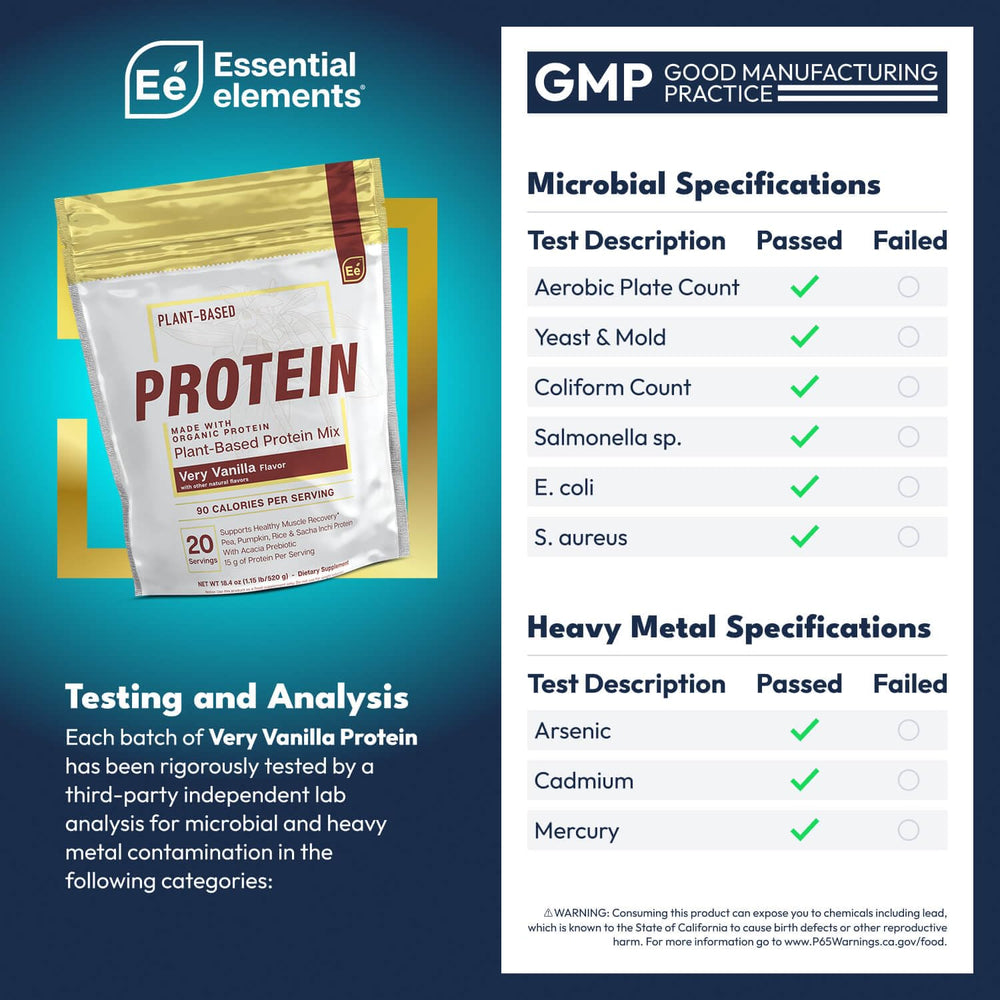 Measuring spoon beside Essential Elements pea protein powder, convenient for precise servings.