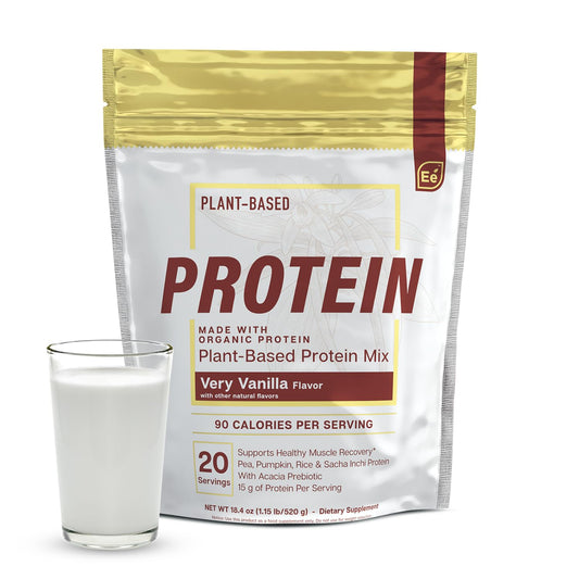 Essential Elements Pea Protein Powder tub in vanilla, ready for a protein-packed shake.