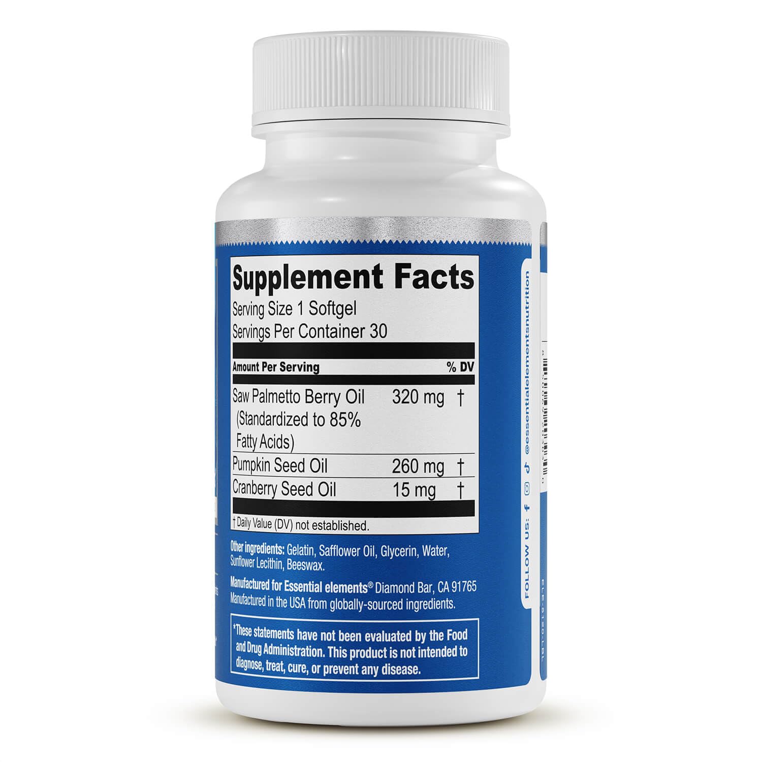 Essential Elements Saw Palmetto Plus bottle label highlighting pumpkin seed oil blend.