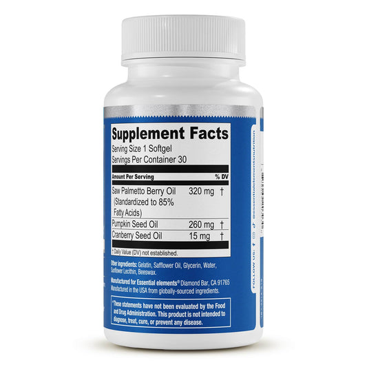 Essential Elements Saw Palmetto Plus bottle label highlighting pumpkin seed oil blend.