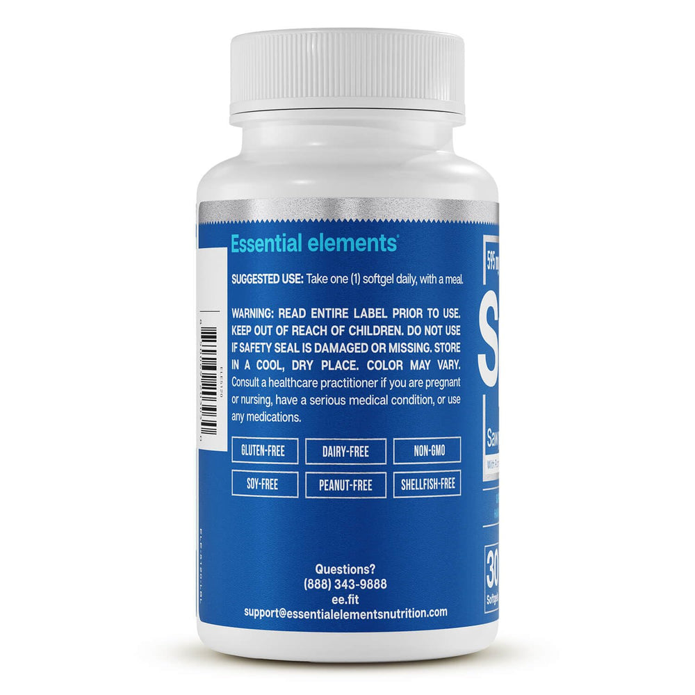 Cranberry seed oil component visible on Essential Elements Saw Palmetto Plus packaging