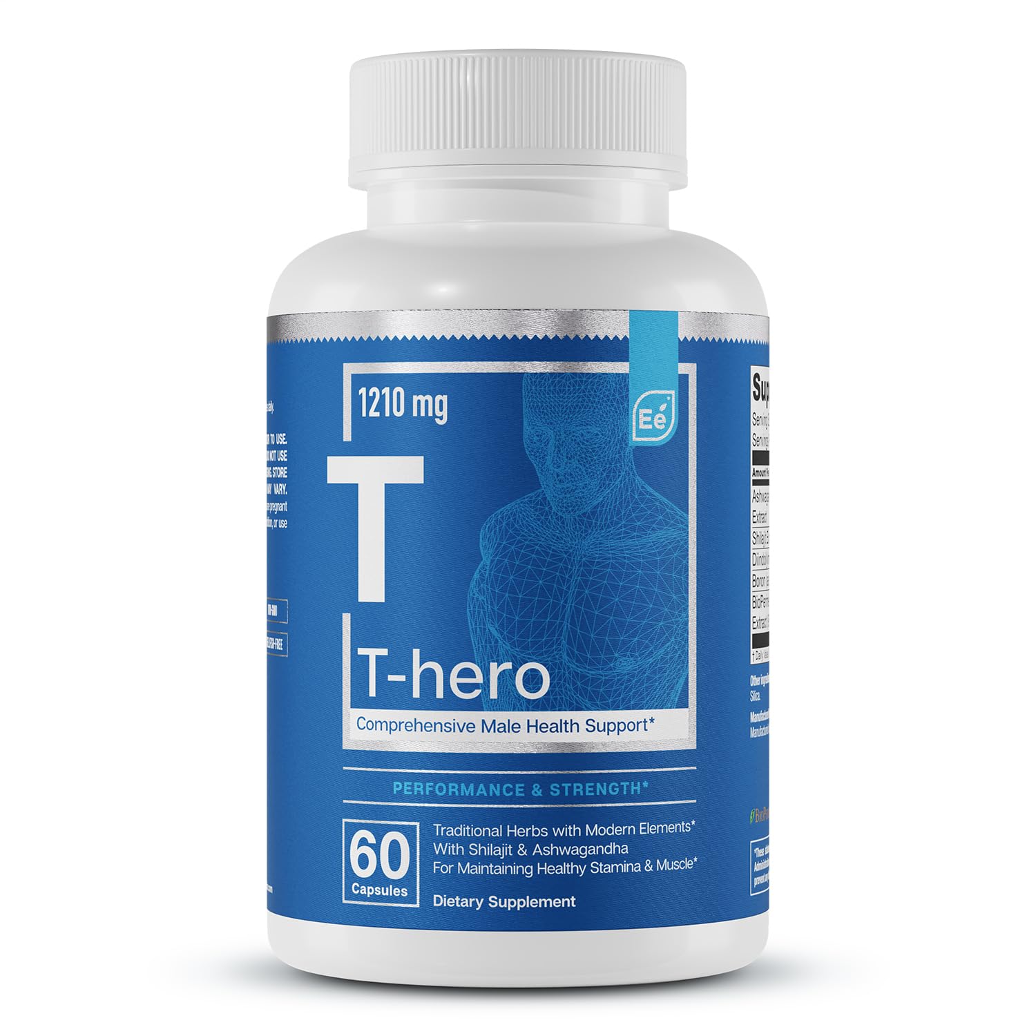 Essential Elements T-Hero bottle front with capsules for daily testosterone support and focus