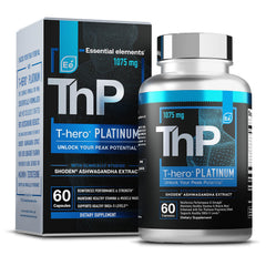 Essential Elements T-Hero Platinum bottle front highlighting daily testosterone support for men.