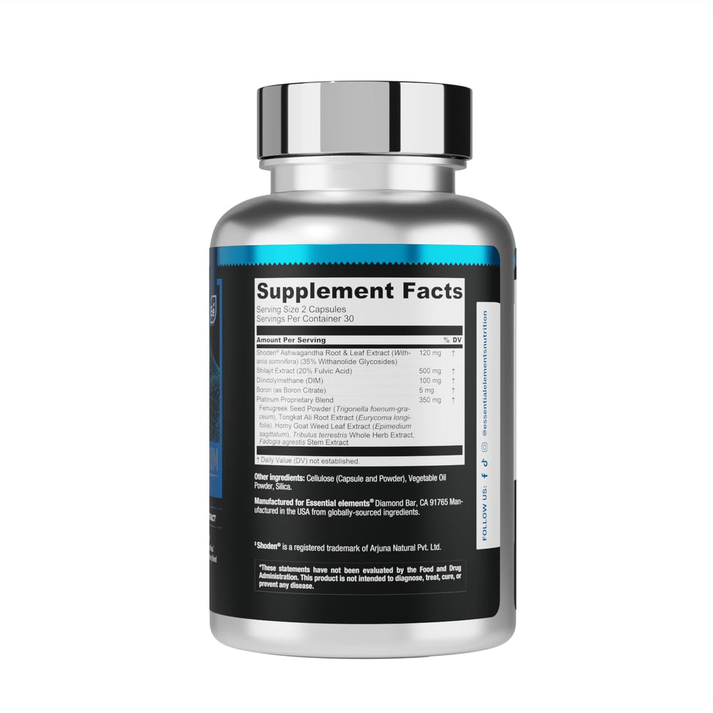 Label detail of Essential Elements T-Hero Platinum highlighting Shoden Ashwagandha.