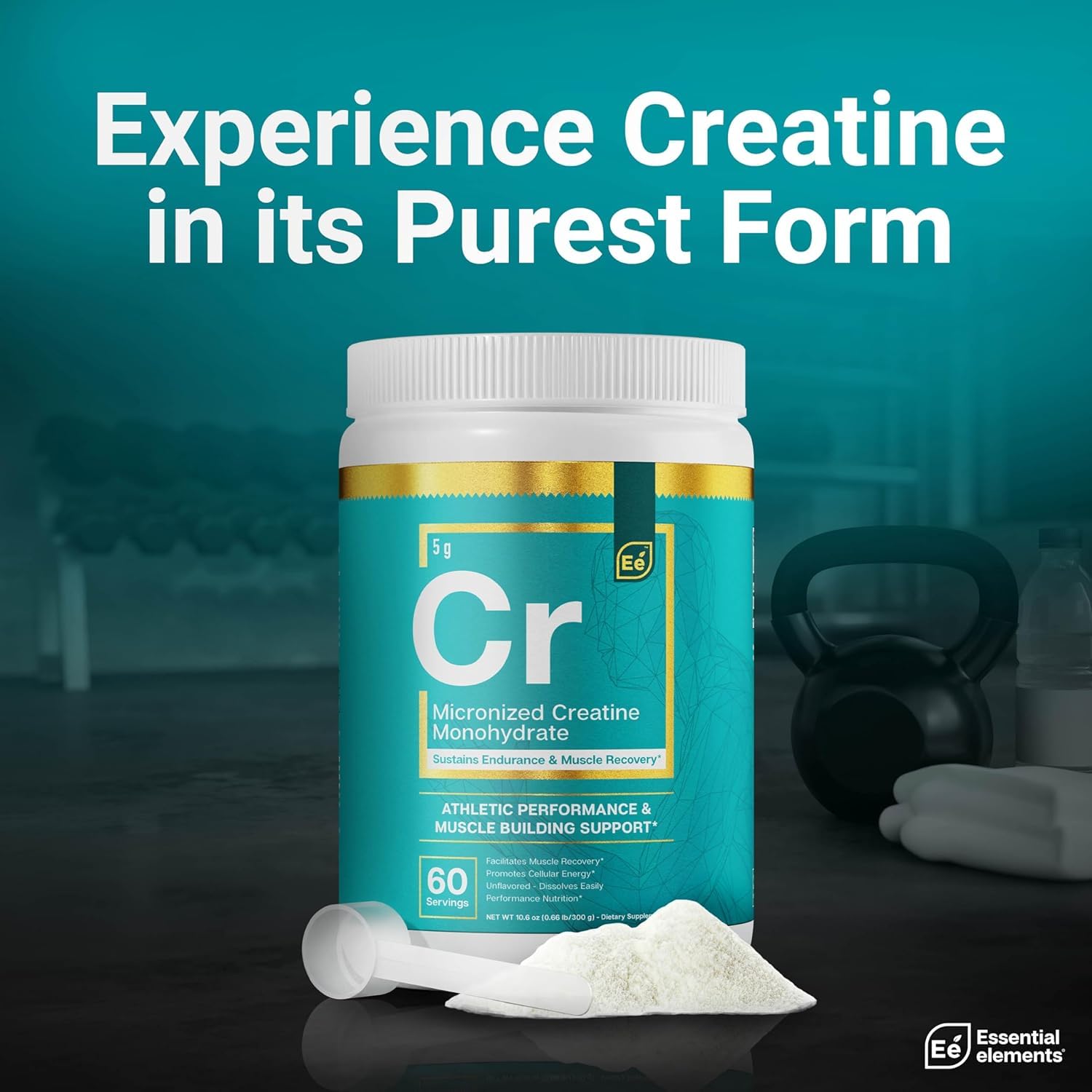 Essential Elements unflavored creatine powder bottle angled for versatile drink mixing.