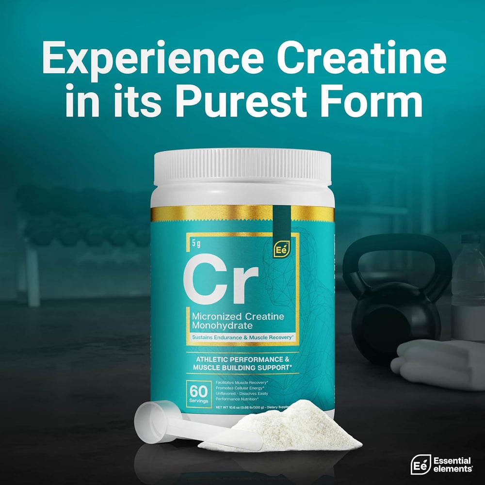Essential Elements unflavored creatine powder bottle angled for versatile drink mixing.