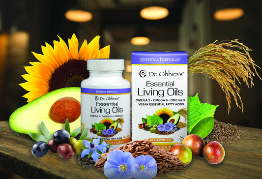 Dr. Ohhira's vegan omega-3 capsules close-up highlighting plant-based fats for balanced daily nutrition.