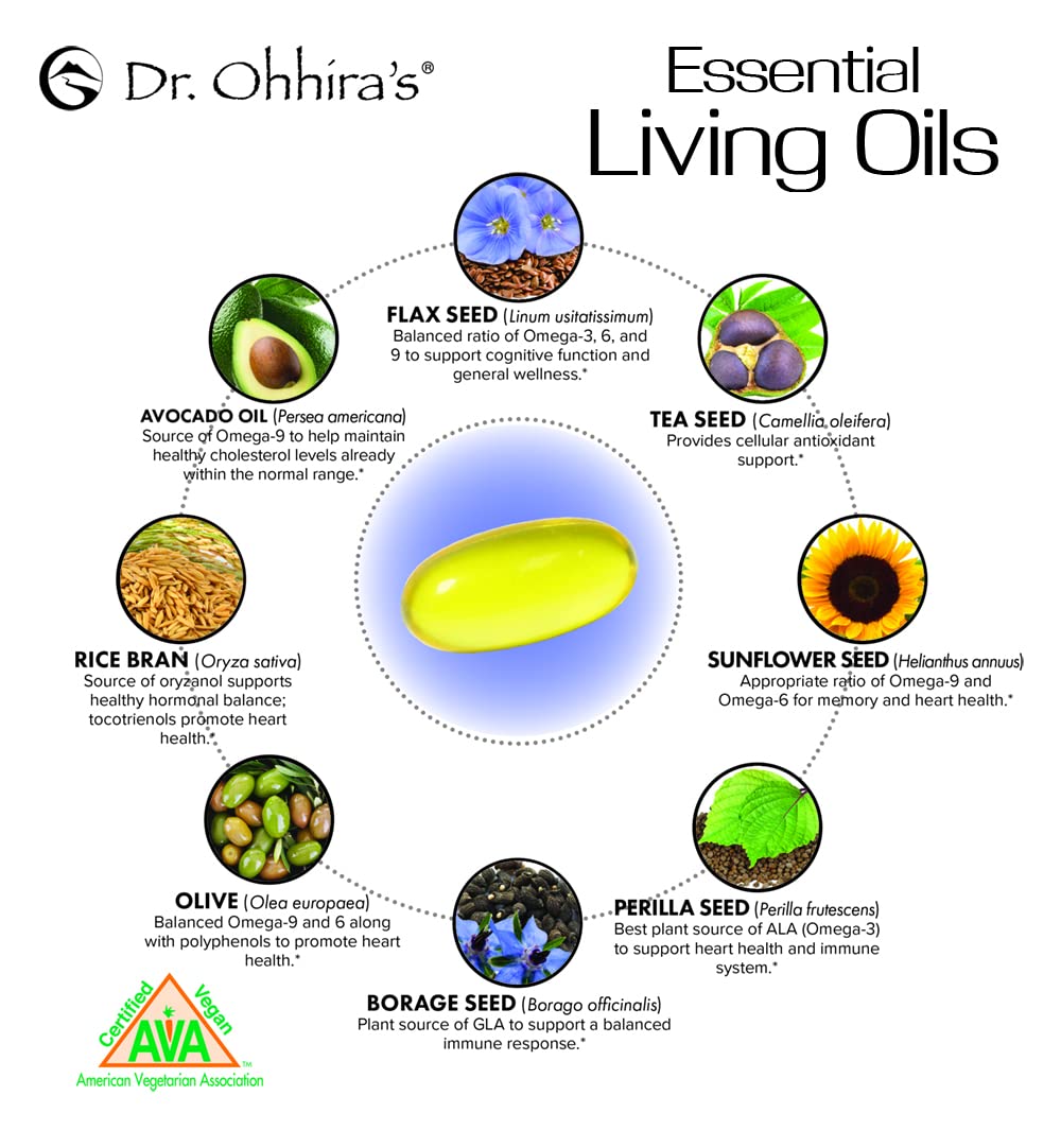 Dr. Ohhira's Essential Living Oils blend image showing eight plant oils for pure EFAs.