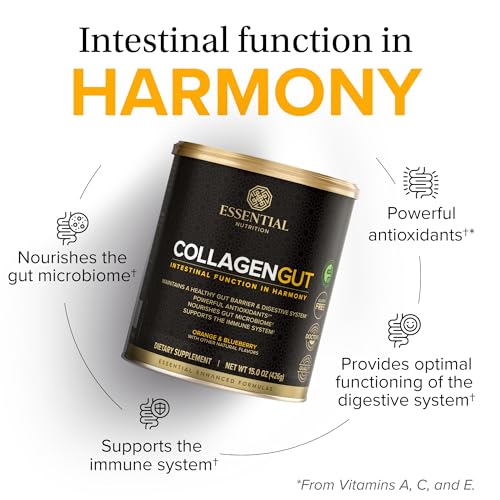 Essential Nutrition Collagen Gut ingredients panel highlights prebiotic fiber and turmeric.