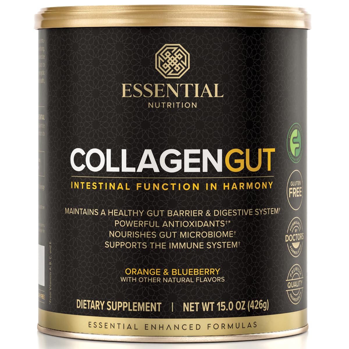 Essential Nutrition Collagen Gut tub front shows gut health support, sugar-free.