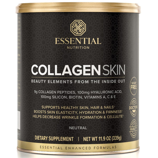 Essential Nutrition Collagen Skin bottle promotes hydration and skin support with sugar-free formula.
