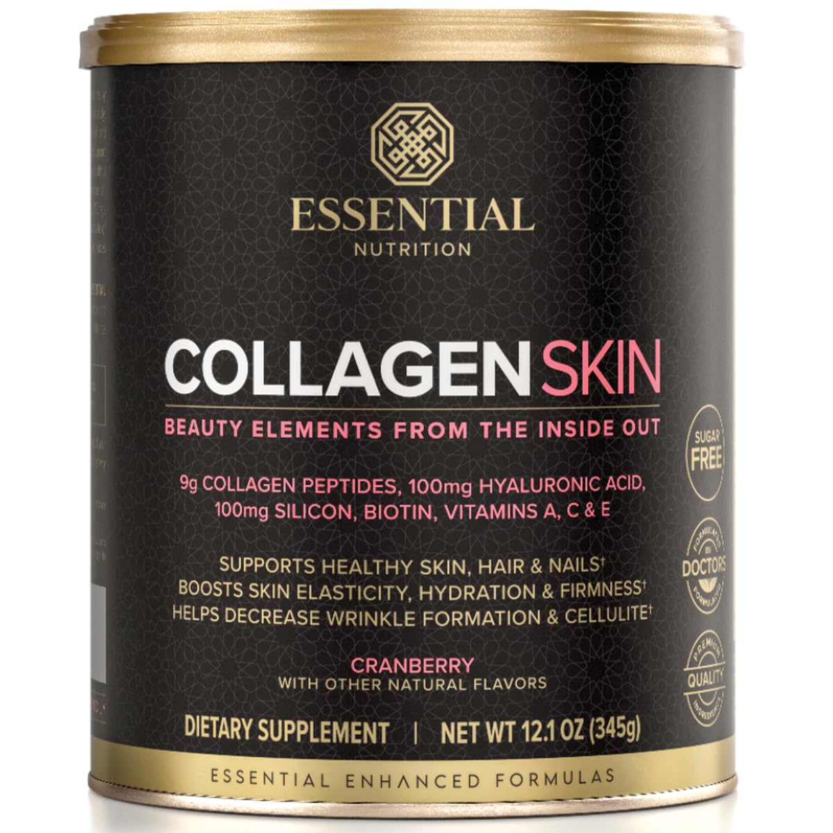 Essential Nutrition Collagen Skin Cranberry bottle shown as part of a daily beauty routine