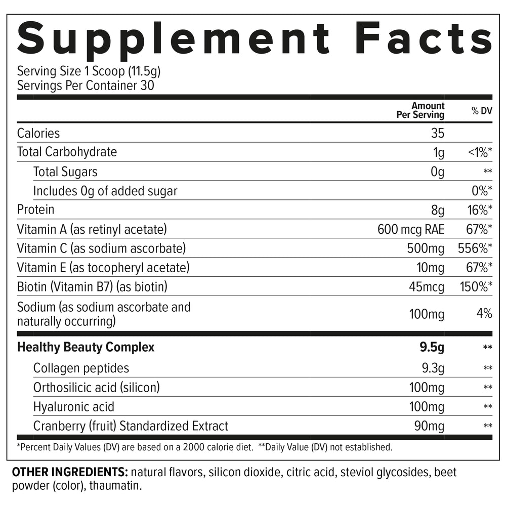 Packaging and bottle of Essential Nutrition Collagen Skin Cranberry