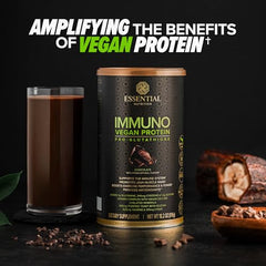 Immuno Vegan chocolate powder scoop showing 16g protein per serving